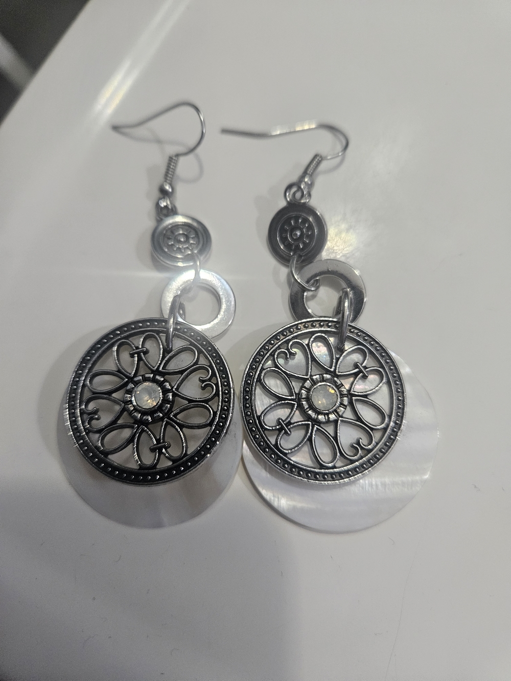 Silver Filigree Drop Earrings with Mother-of-Pearl Discs